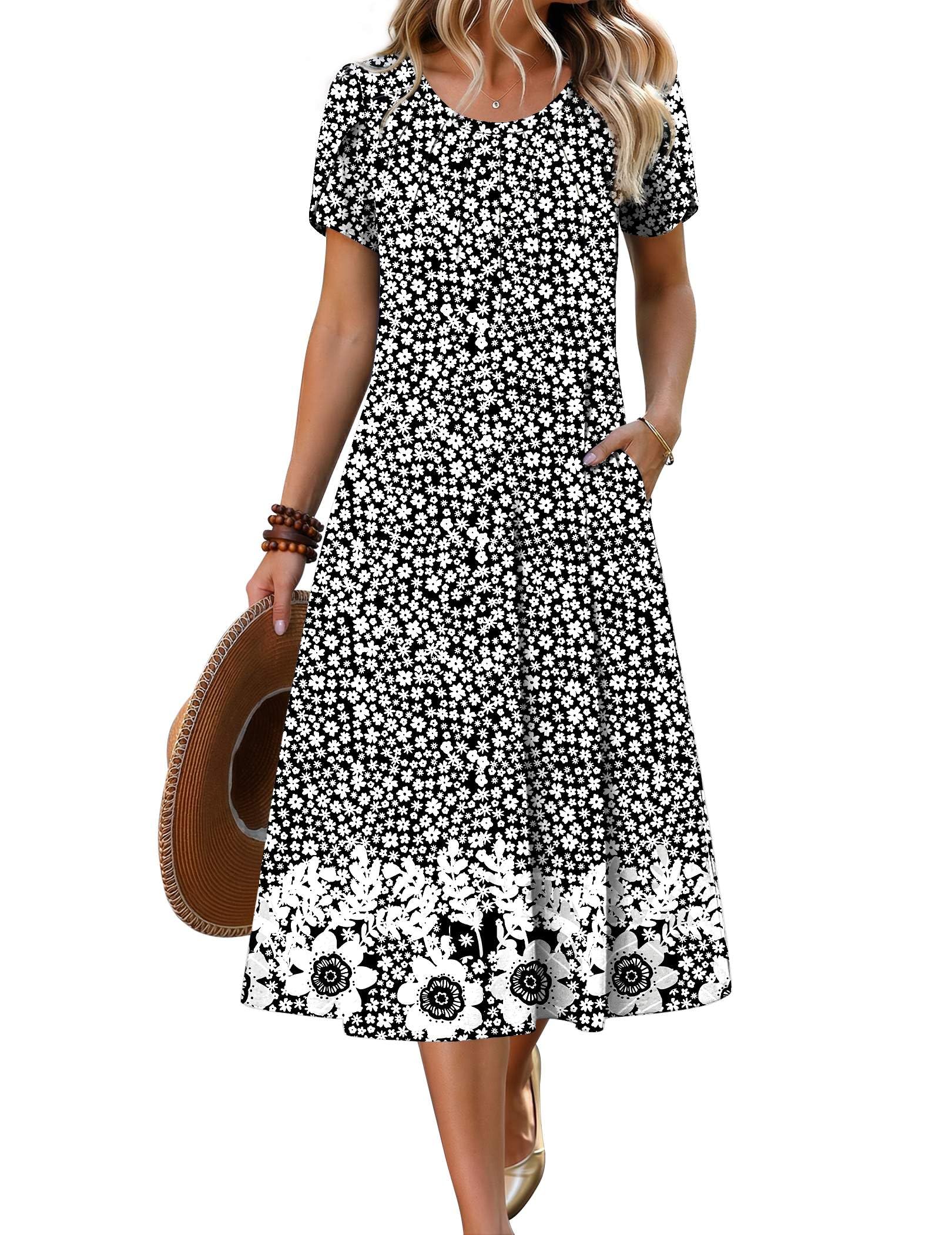 Casual Summer 2026 Petal Short Sleeve Pleated Midi A-Line   Sundress