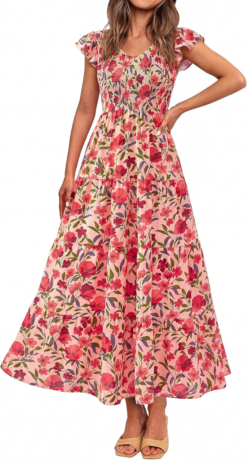 Women's Summer Flowy Casual Cap Sleeve V Neck Smocked Maxi Beach