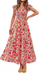 Women's Summer Flowy Casual Cap Sleeve V Neck Smocked Maxi Beach