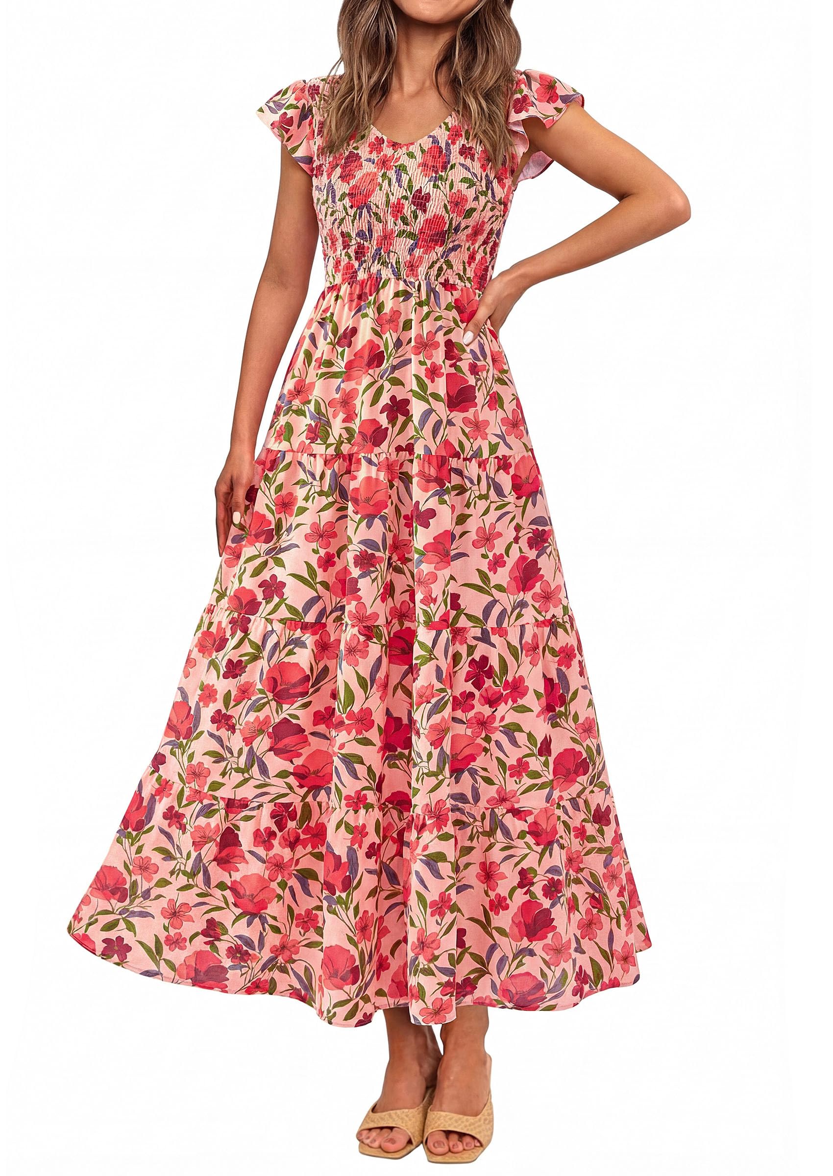 Women's Summer  Sleeve  Smocked Beach Maxi Sundress