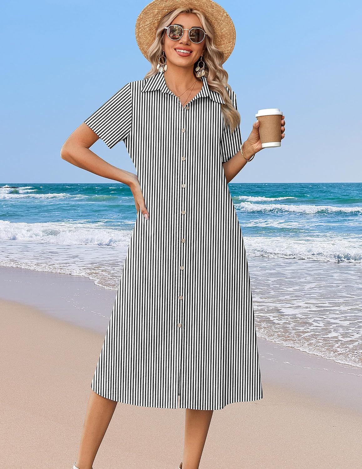 Summer Button Down Shirt Aline Short Sleeve Long Beach Travel Cover Up Sundress