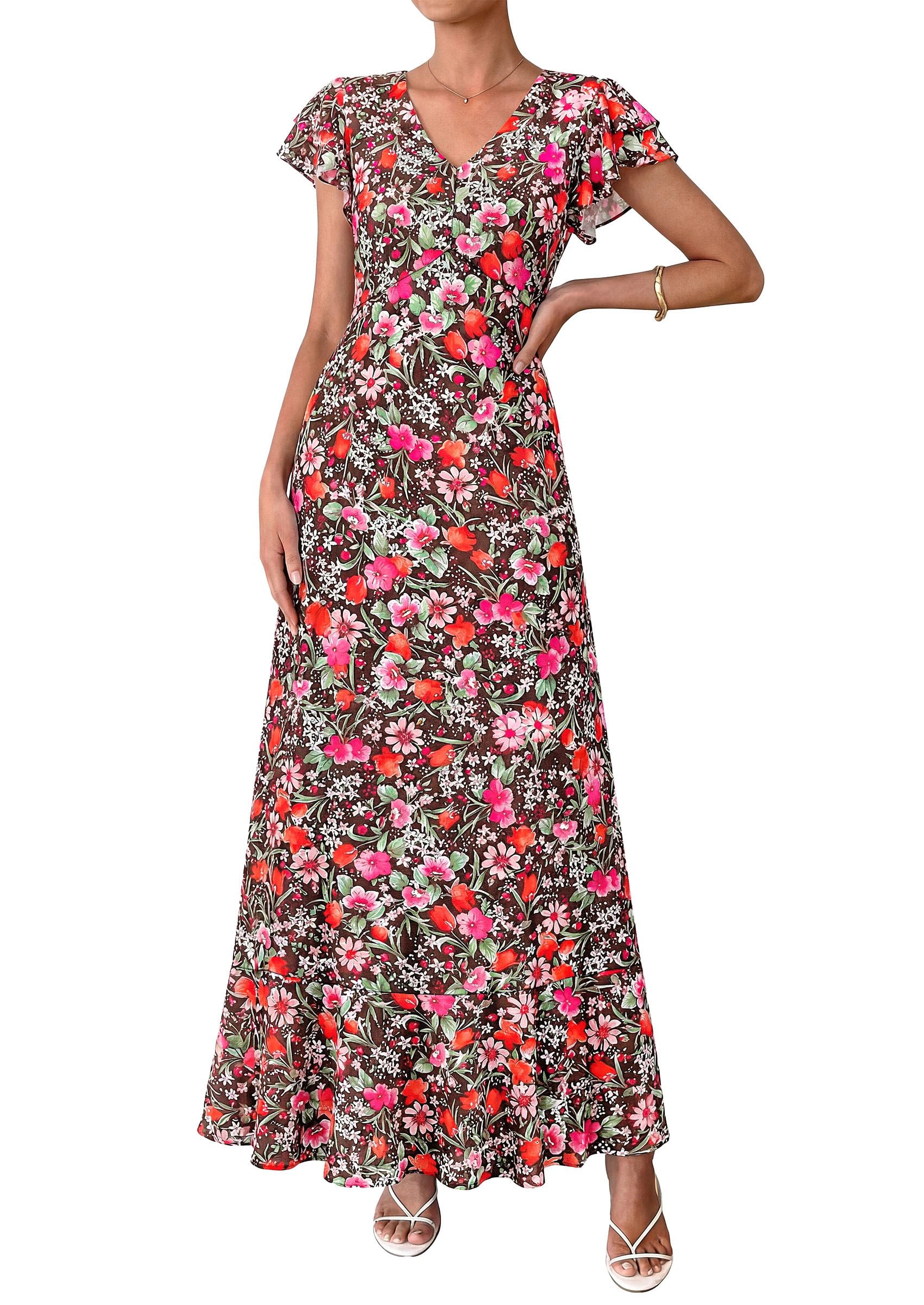 Women's 2026 Summer Boho Floral Ruffle Flowy Maxi Dress for Cocktail Beach Spring Wedding Guest