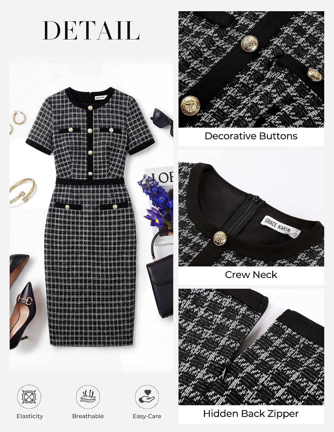 Women 2026 Summer Short Sleeve Bodycon Tweed Button Knee Length Pencil