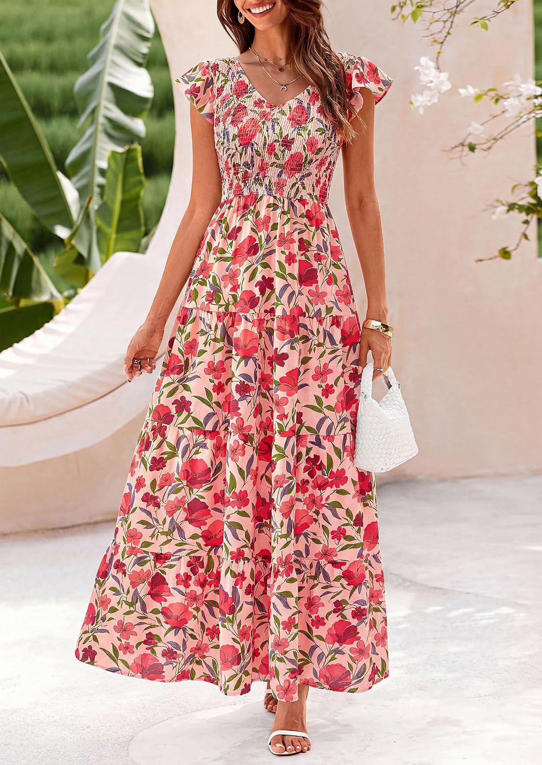 Women's Summer  Sleeve  Smocked Beach Maxi Sundress