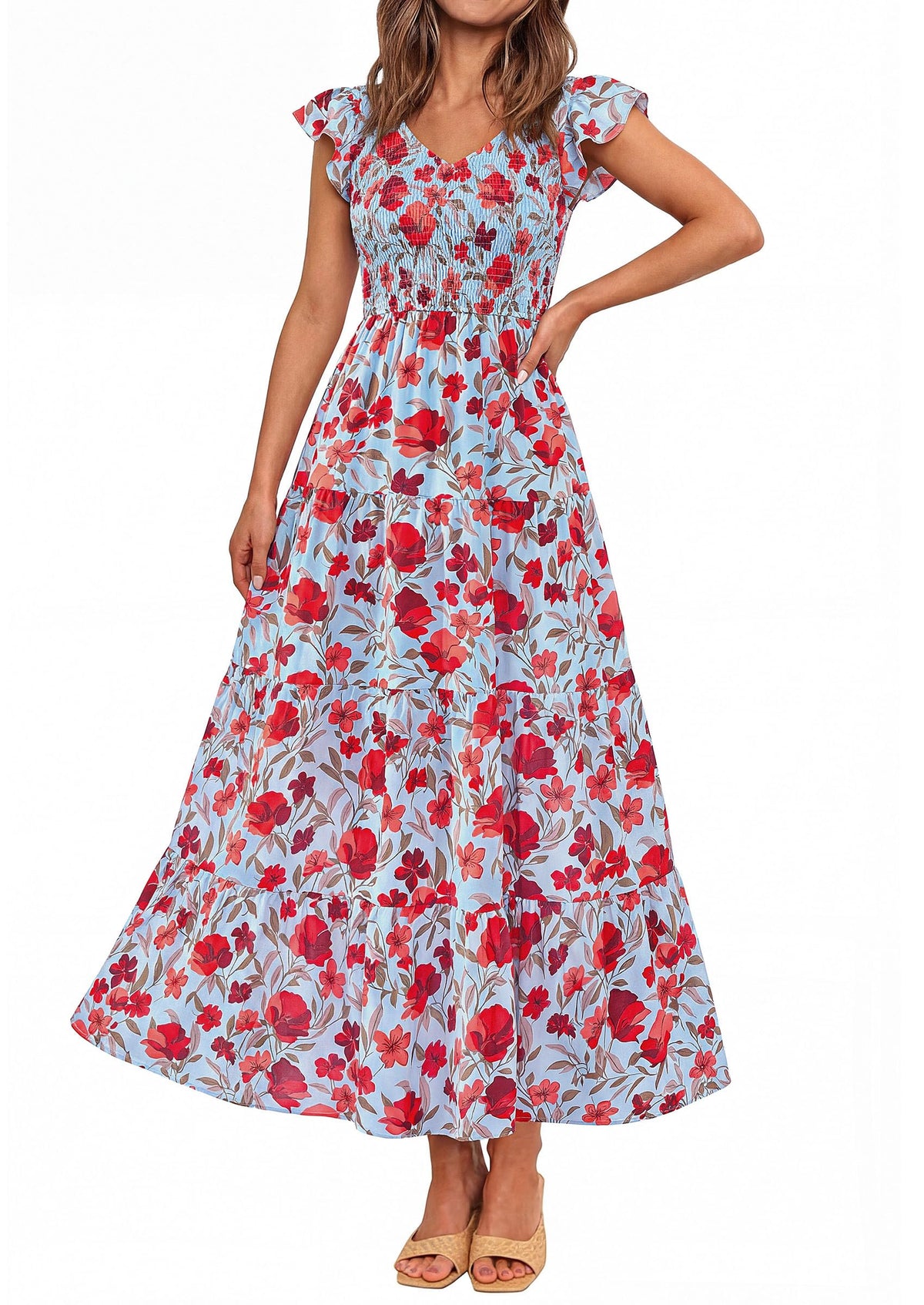 Women's Summer  Sleeve  Smocked Beach Maxi Sundress