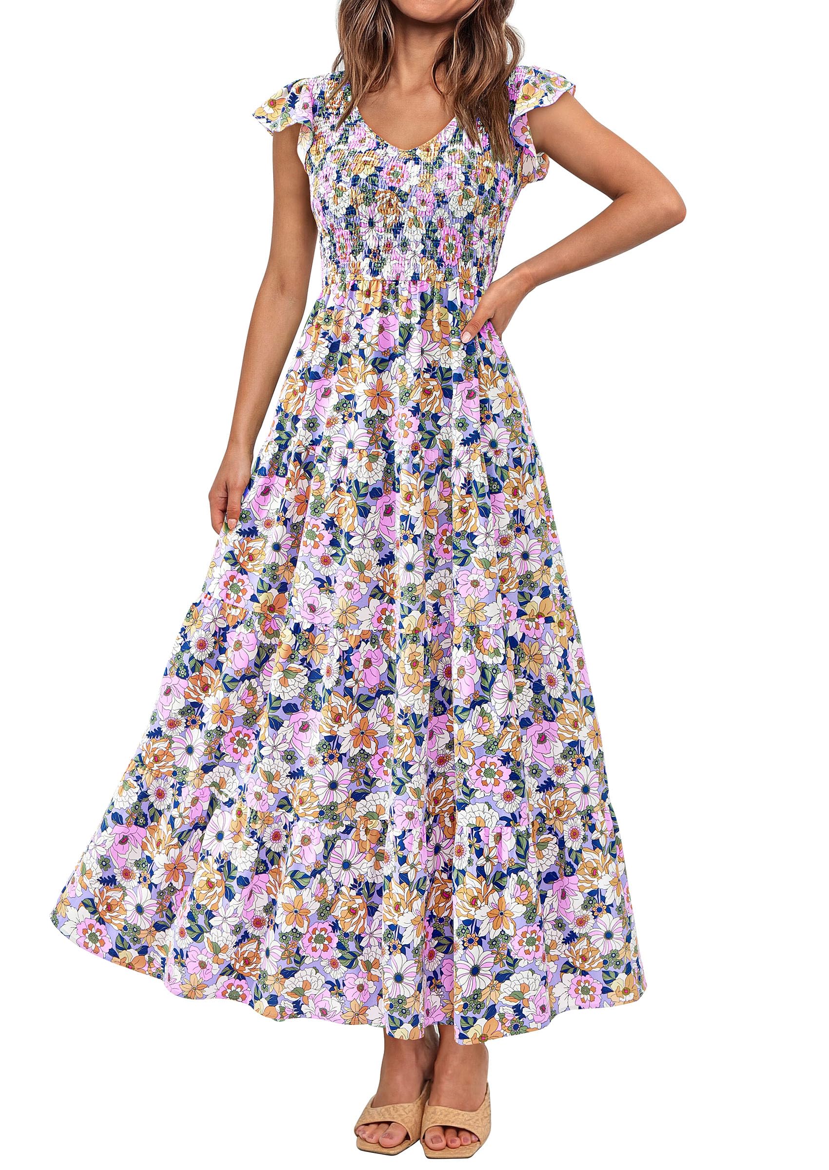 Women's Summer Flowy Casual Cap Sleeve V Neck Smocked Maxi Beach