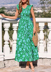Women's 2026 Summer Boho Floral Smocked V Neck Ruffle Sleeve Flowy Maxi Beach