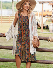 Women's Summer Flowy A-Line Casual Midi  with Pockets Beach Boho Vacation Shift Sundress