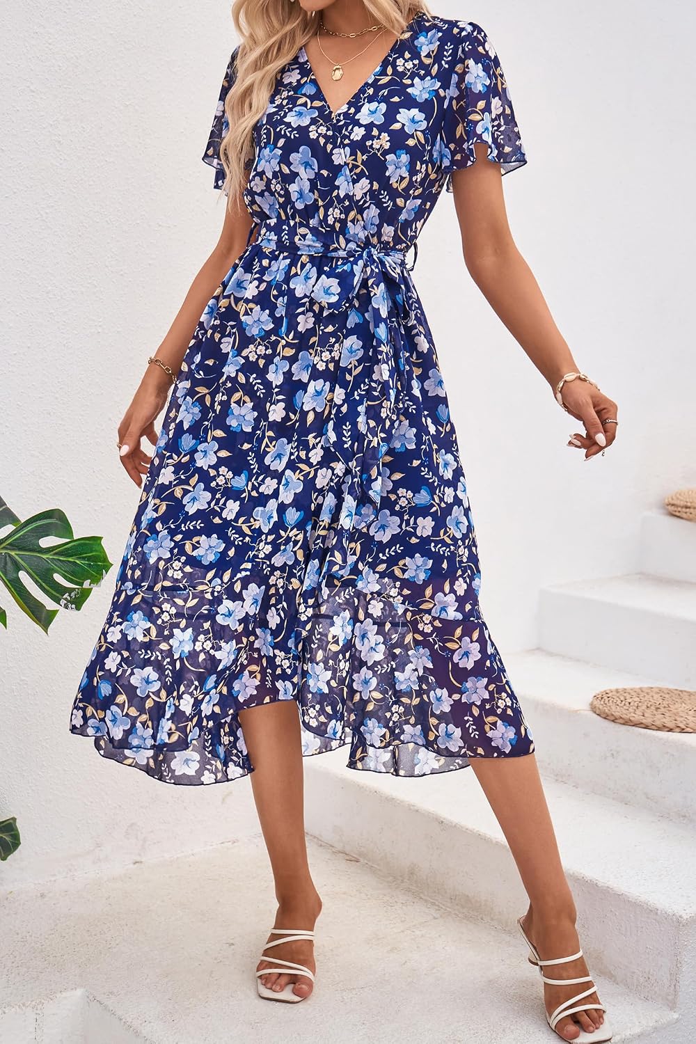 Women's Summer Short Sleeve Wrap V Neck Floral Boho Maxi Ruffle Long Flowy