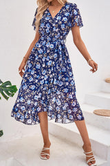 Women's Summer Short Sleeve Wrap V Neck Floral Boho Maxi Ruffle Long Flowy