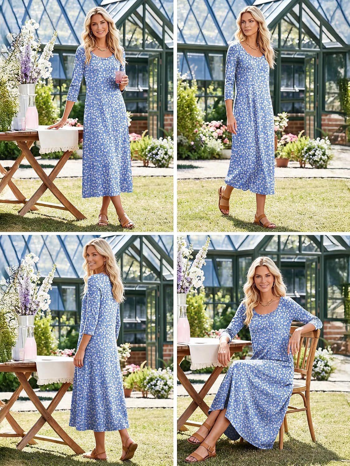 Women's 3/4 Sleeve Scoop Neck Dress with Pockets Soft Breathable for Travel Vacation Spring Transition
