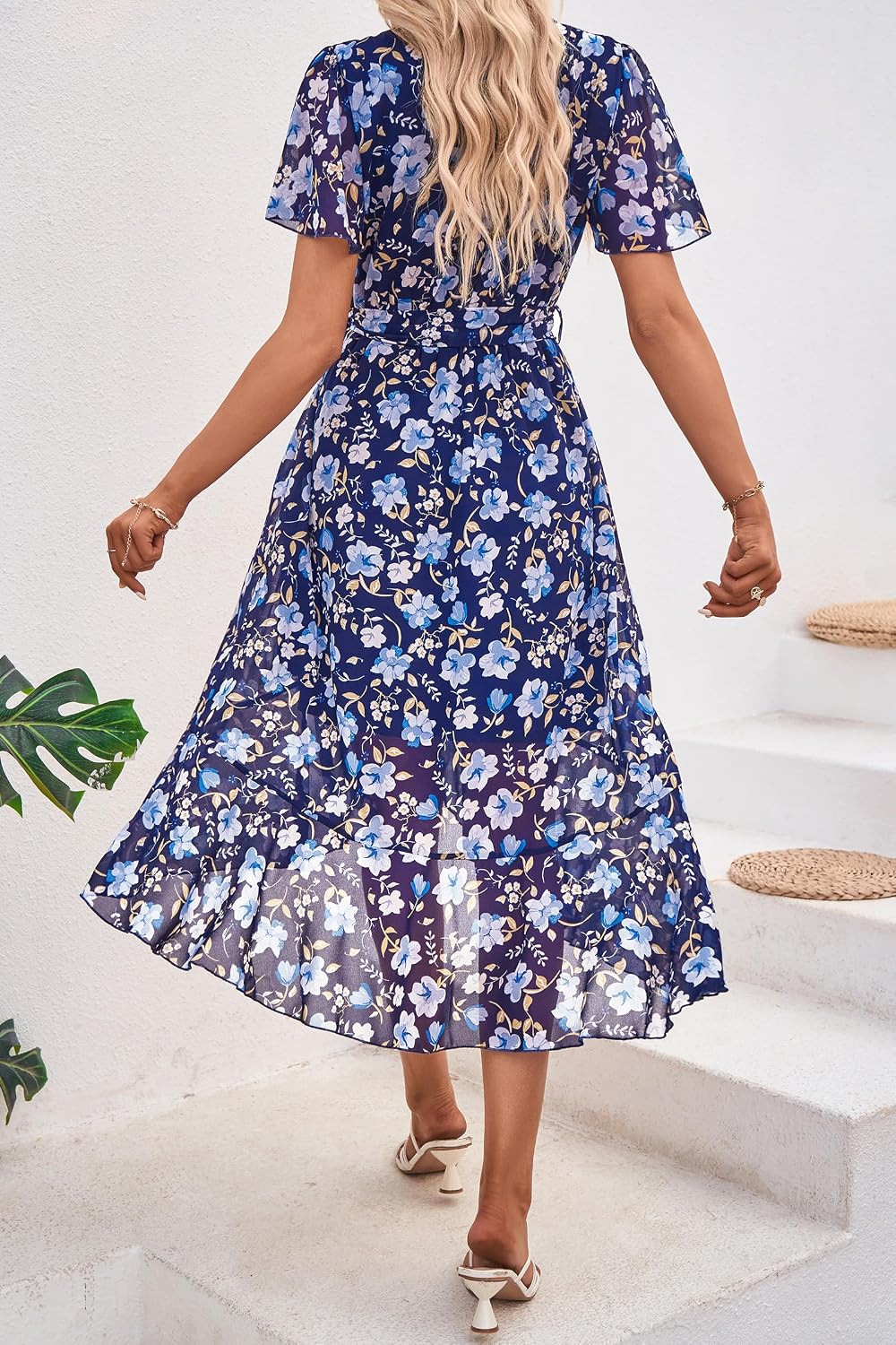 Women's Summer Short Sleeve Wrap V Neck Floral Boho Maxi Ruffle Long Flowy