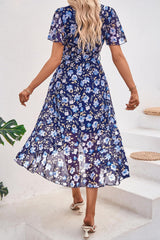 Women's Summer Floral  Short Sleeve Wrap V-Neck Ruffle Long Wedding Guest Maxi Dress