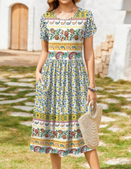 Women's Summer Short Sleeve Floral T-Shirt A-Line Casual Midi Dress with Pockets Flowy Beach Sundress