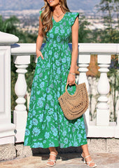 Women's 2026 Summer Boho Floral Smocked V Neck Ruffle Sleeve Flowy Maxi Beach