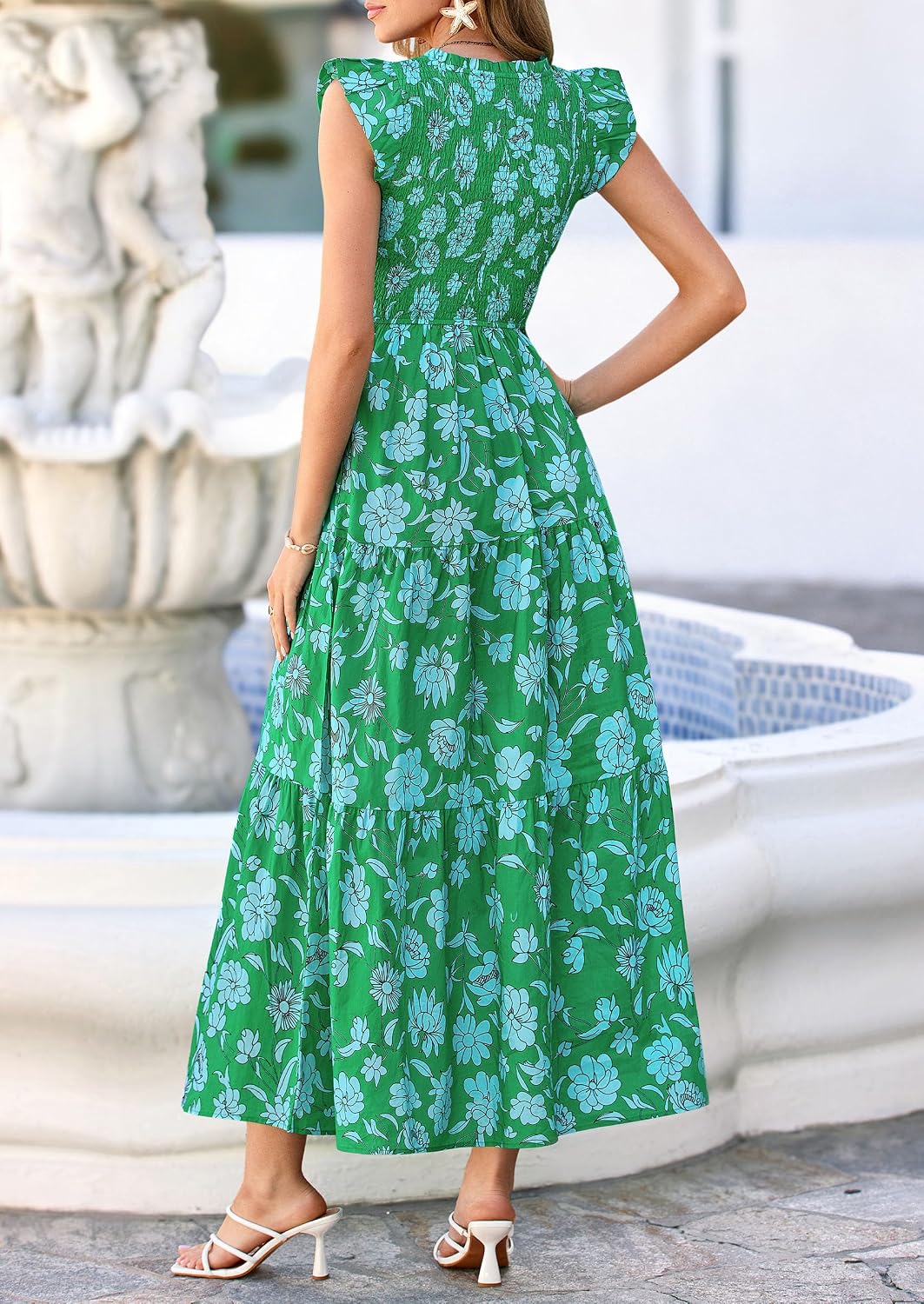 Women's 2026 Summer Boho Floral Smocked V Neck Ruffle Sleeve Flowy Maxi Beach