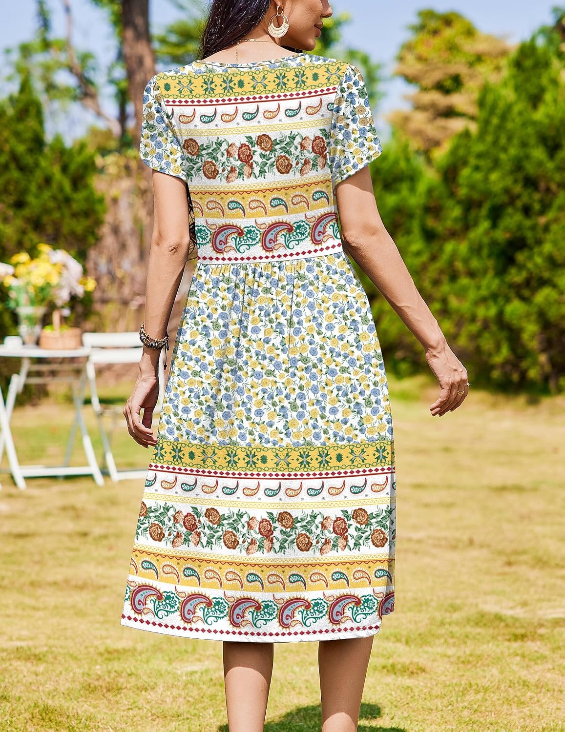 Women's Summer Casual A-Line Midi Short Sleeve Floral T-Shirt y Beach Sundress with Pockets